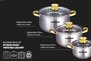 Bộ 3 Nồi Inox 5 Đáy Từ Vung Kính Sunhouse SH781 (16cm, 20cm, 24cm) - 19 Bộ 3 Nồi Inox 5 Đáy Từ Vung Kính Sunhouse SH781 (16cm, 20cm, 24cm) - 18