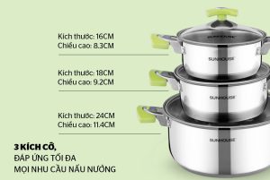BỘ NỒI INOX 3 ĐÁY SUNHOUSE SH336 - 8