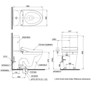 Bồn cầu 2 khối TOTO CS818DW11 – nắp điện tử - 3