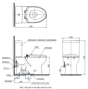 Bồn cầu 2 khối TOTO CS325DRW11, nắp Washlet - 3