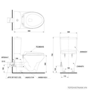 Bồn cầu 2 khối TOTO CS945PDE4, thoát ngang - 3