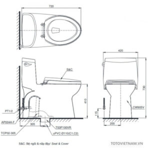 Bồn cầu 1 khối TOTO MS905T8 – Nắp đóng êm - 4 Bồn cầu 1 khối TOTO MS905T8 – Nắp đóng êm - 3