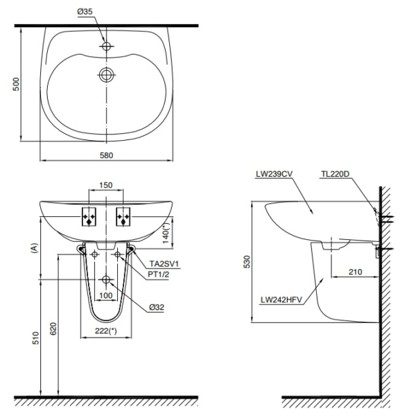 Chậu rửa lavabo TOTO LHT239CR – Chân lửng - 2