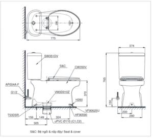 Bồn cầu 2 khối TOTO CS351DW11 nắp Washlet - 3