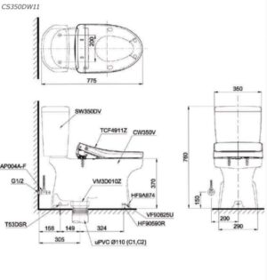 Bồn cầu 2 khối TOTO CS350DW11 nắp Washlet - 3