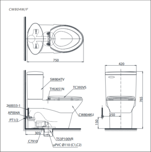Bồn cầu 2 khối TOTO CW804W/F - 3