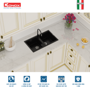 Granite sink Phoenix 860 BlackSiphon, giá úp bát inox KONOX - 37