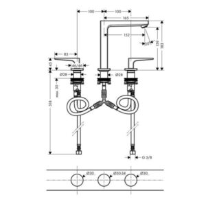 VÒI LAVABO 3 LỖ HANSGROHE METROPOL 160 589.29.630 - 3