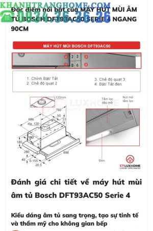MÁY HÚT MÙI ÂM TỦ BOSCH DFT93AC50 SERIE 4 NGANG 90CM - 46