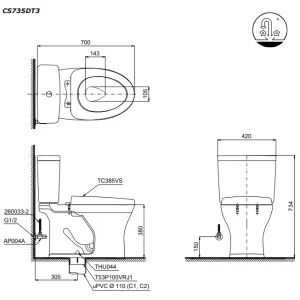 Bồn Cầu TOTO 2 Khối CS735DT3#XW Nắp Đóng Êm TC385VS - 12