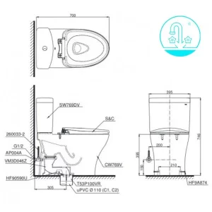 Bồn Cầu TOTO CS769DRT8#XW 2 Khối Nắp Đóng Êm TC600VS - 9