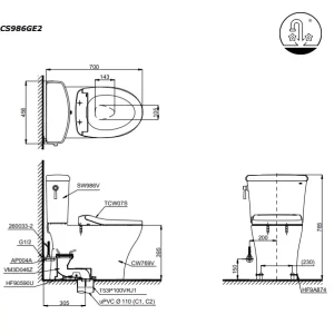 Bồn Cầu TOTO CS986GE2#XW 2 Khối Nắp Rửa Cơ TCW07S - 12