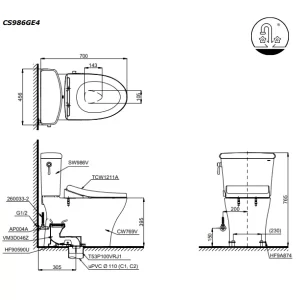 Bồn Cầu TOTO CS986GE4#XW 2 Khối Nắp Rửa Cơ TCW1211A - 12