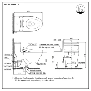 Bồn Cầu Điện Tử TOTO MS885DW11#XW Kèm Nắp Rửa Điện Tử WASHLET Dòng S7 – TCF4911Z (220V) - 7