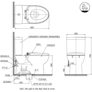 Bồn Cầu Điện Tử TOTO CS300DW16Y1#W Kèm Nắp Rửa Điện Tử WASHLET Dòng C2 – TCF23410AAA (220V) - 12