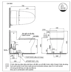Bồn Cầu WASHLET TOTO MS188VKW16 1 Khối Kèm Nắp Điện Tử TCF23410AAA (220V) - 9