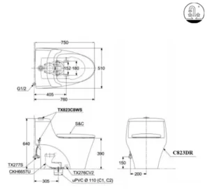 Bồn Cầu TOTO MS823DRT2#XW 1 khối Nắp Đóng Êm TC393VS - 9