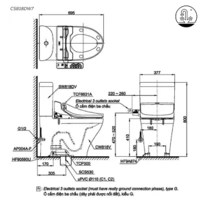 Bồn Cầu Điện Tử TOTO CS818DW7#XW Kèm Nắp Rửa Điện Tử WASHLET Dòng C2 – TCF6631A (220V) - 6