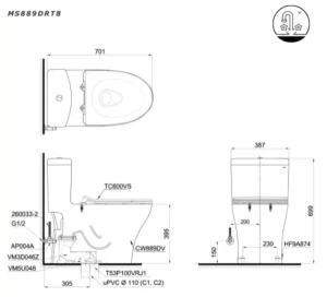 Bồn Cầu TOTO 1 khối MS889DRT8#XW Nắp Đóng Êm TC600VS - 7