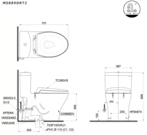 Bồn Cầu TOTO MS889DRT2#XW 1 khối Nắp Đóng Êm TC393VS - 9