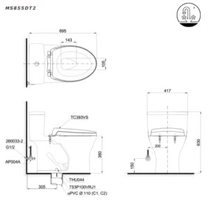 Bồn Cầu TOTO MS855DT2#XW 1 khối Nắp Đóng Êm TC393VS - 7