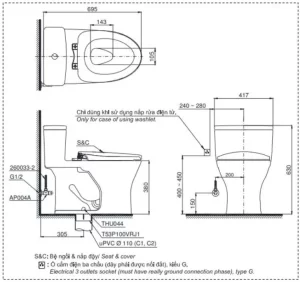 Bồn Cầu TOTO 1 khối MS855DT8#XW Nắp Đóng Êm TC600VS - 6