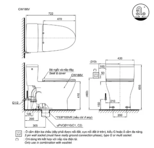 Bồn Cầu Điện Tử TOTO MS188VKW7#XW/T53P100VR Kèm Nắp Rửa Điện Tử WASHLET Dòng C2 – TCF6631A (220V) - 6