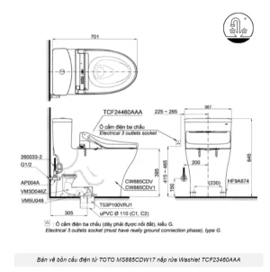 Bồn Cầu Điện Tử TOTO MS885CDW17#XW Kèm Nắp Rửa Điện Tử WASHLET (Loại Giấu Dây) Dòng C2 – TCF23460AAA (220V) - 9
