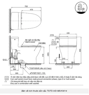 Bồn Cầu WASHLET TOTO MS188VKW14 1 Khối Kèm Nắp Điện Tử TCF24410AAA (220V) - 9