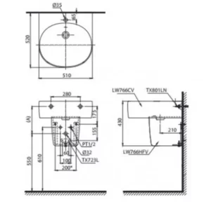 Chậu Rửa Mặt Lavabo TOTO LHT766CR#XW Treo Tường Chân Ngắn - 7 Chậu Rửa Mặt Lavabo TOTO LHT766CR#XW Treo Tường Chân Ngắn - 6