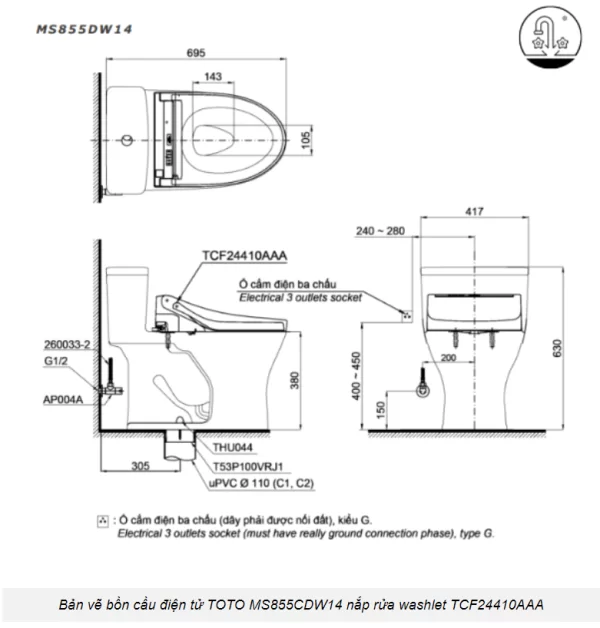 Bồn Cầu Điện Tử TOTO MS855DW14#XW Kèm Nắp Rửa Điện Tử WASHLET Dòng C5 – TCF24410AAA (220V) - 4
