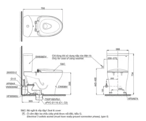 Bồn Cầu Điện Tử TOTO CS838DW7#XW Kèm Nắp Rửa Điện Tử WASHLET Dòng C2 – TCF6631A (220V) - 6
