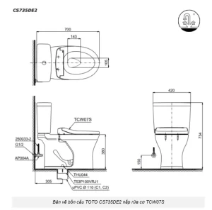 Bồn Cầu TOTO CS735DE2#XW 2 Khối Nắp Rửa Cơ TCW07S - 9