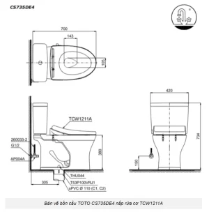 Bồn Cầu TOTO CS735DE4#XW 2 Khối Nắp Rửa Cơ TCW1211A - 9