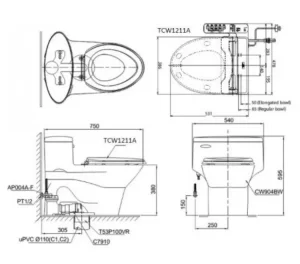 Bồn Cầu TOTO MS904E4#XW 1 Khối Nắp Rửa Cơ TCW1211A - 6