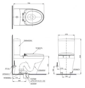 Bồn Cầu TOTO CS945DNE2#XW 2 Khối Nắp Rửa Cơ TCW07S” - 6