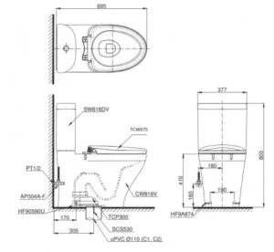 Bồn Cầu TOTO CS818DE2#XW 2 Khối Nắp Rửa Cơ TCW07S - 6