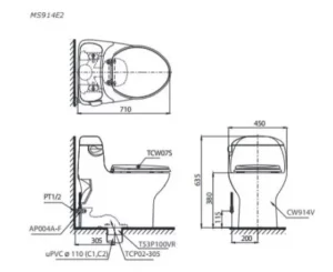 Bồn Cầu TOTO MS914RE2#XW 1 Khối Nắp Rửa Cơ TCW07S - 6