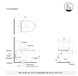 Bồn Cầu TOTO CS769DRE4#XW 2 Khối Nắp Rửa Cơ TCW1211A - 9