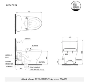 Bồn Cầu TOTO CS767RE2#XW 2 Khối Nắp Rửa Cơ TCW07S - 7