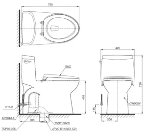 Bồn Cầu TOTO MS905E4#XW 1 Khối Nắp Rửa Cơ TCW1211A - 9