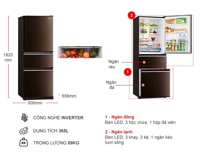 Tủ lạnh Mitsubishi Electric Inverter 365 lít MR-CX46ER-BRW-V - 2